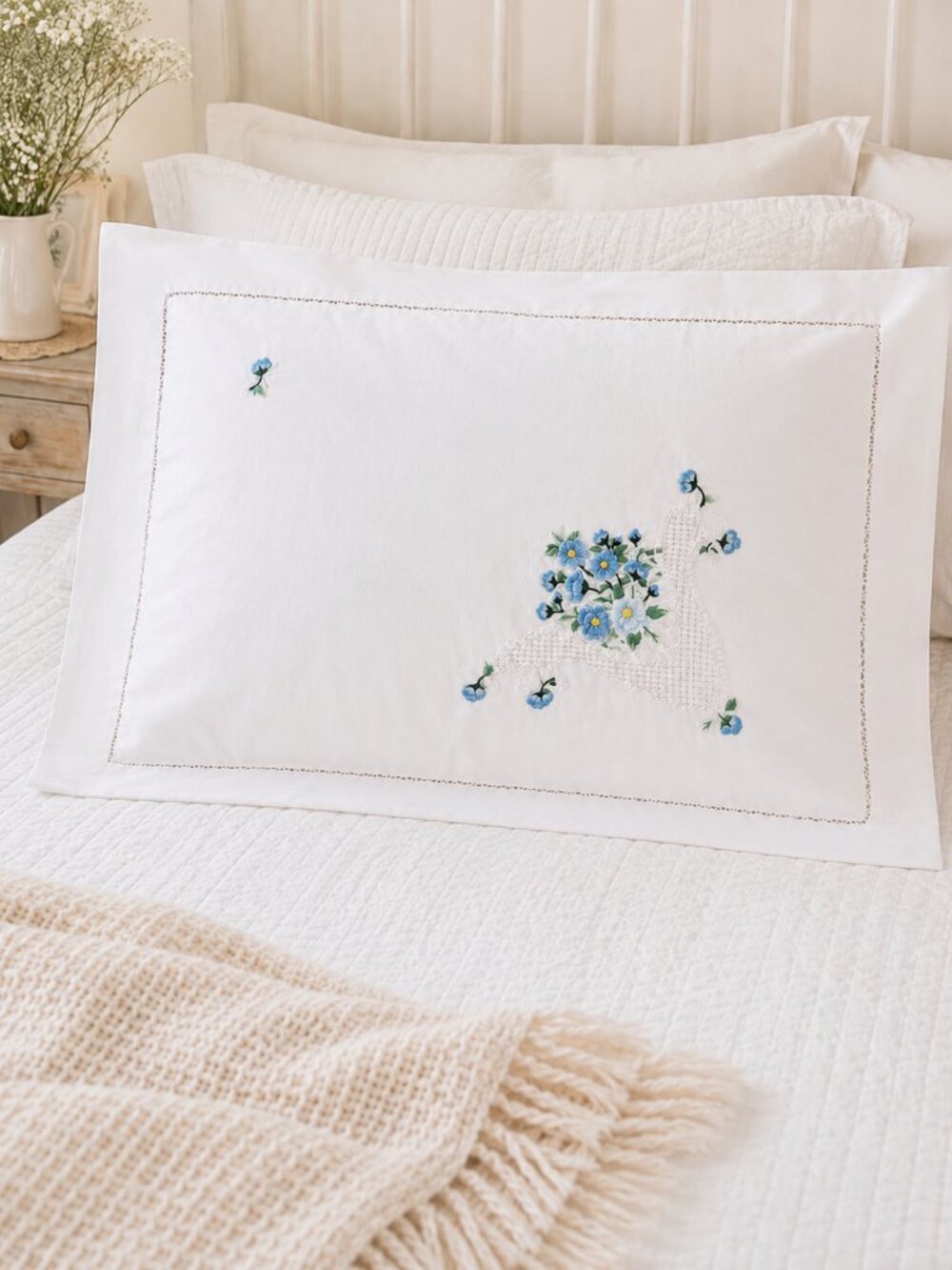 Hand Embroidered Cotton Pillow Sham Blue Floral Hemstitch 29x23.5